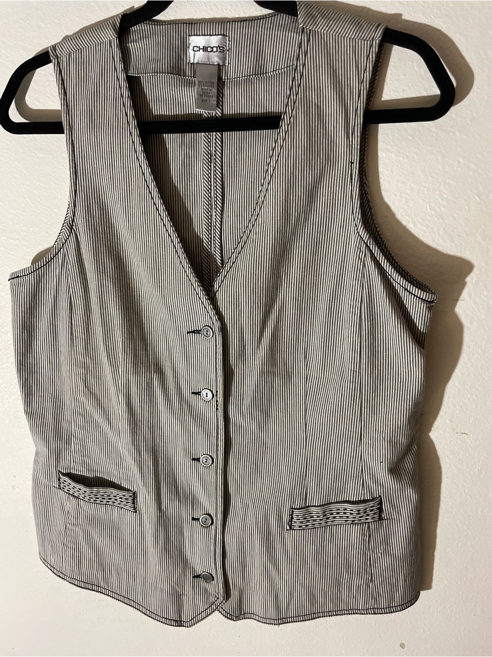 Chico's Black and White Pinstriped Sleeveless Button Vest